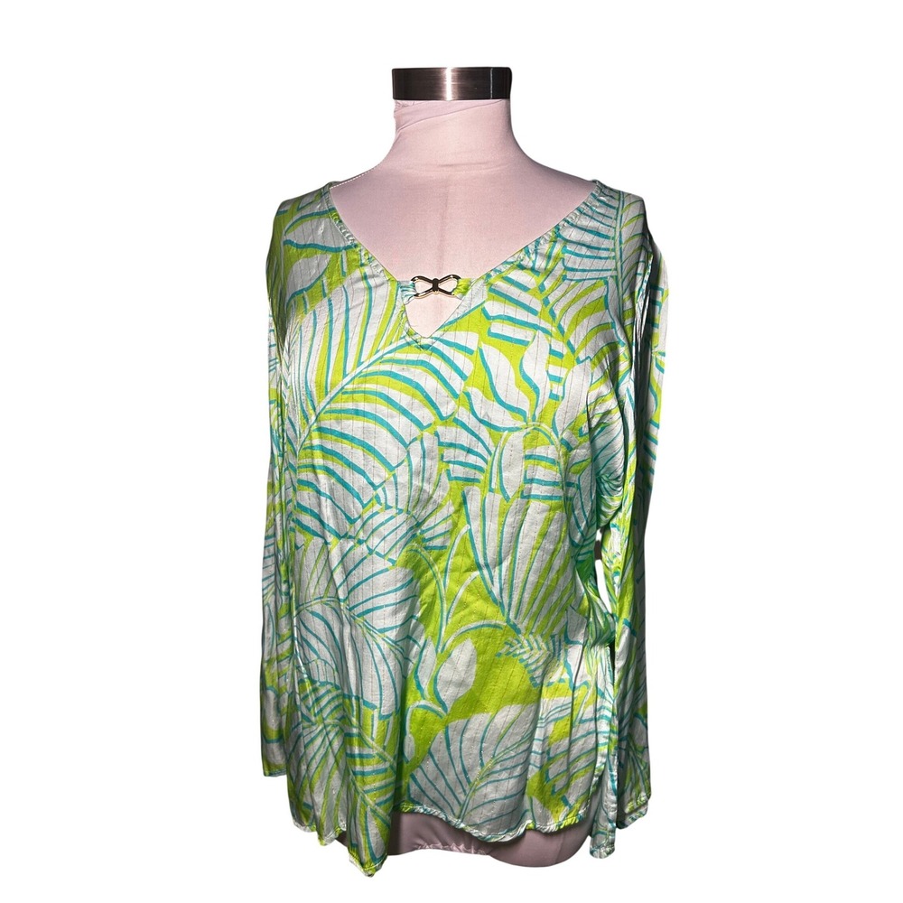 Boston Proper Tropical Palm Leaf Metallic Stripe V-Neck Blouse Green Blue M - Picture 5 of 8